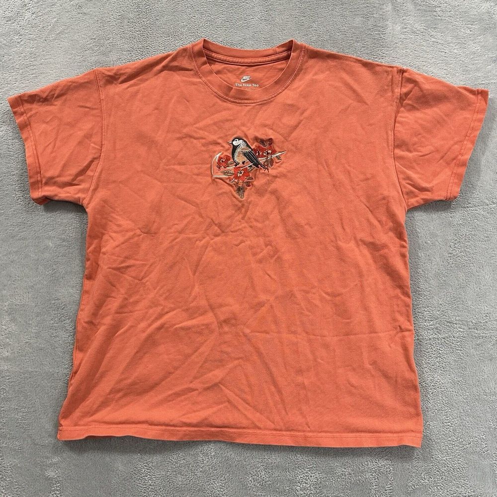 Nike T-Shirt Men's Large Embroidered Finch Floral Swoosh Orange Short Sleeve